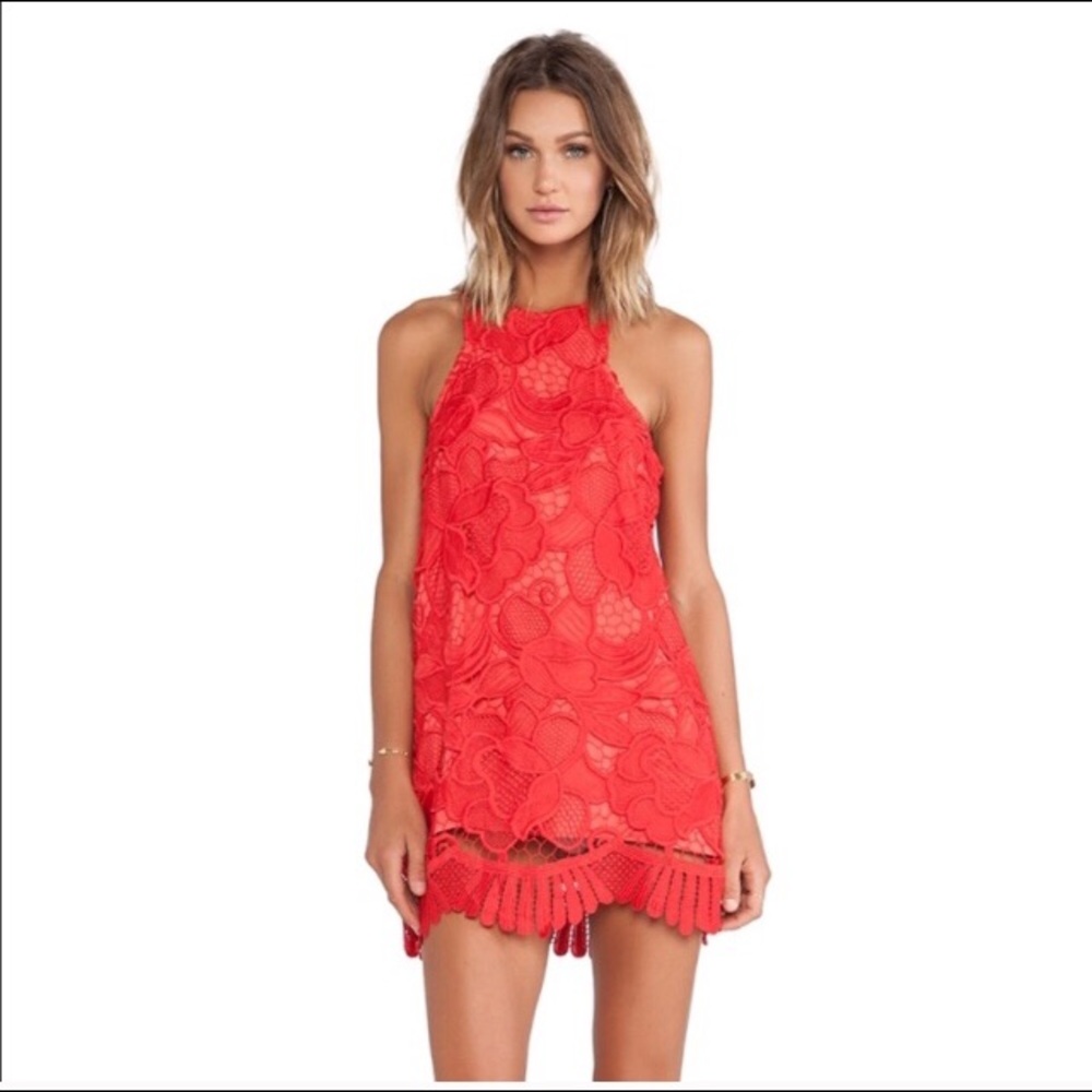 Lover+friends caspian red coral shift lace  dress